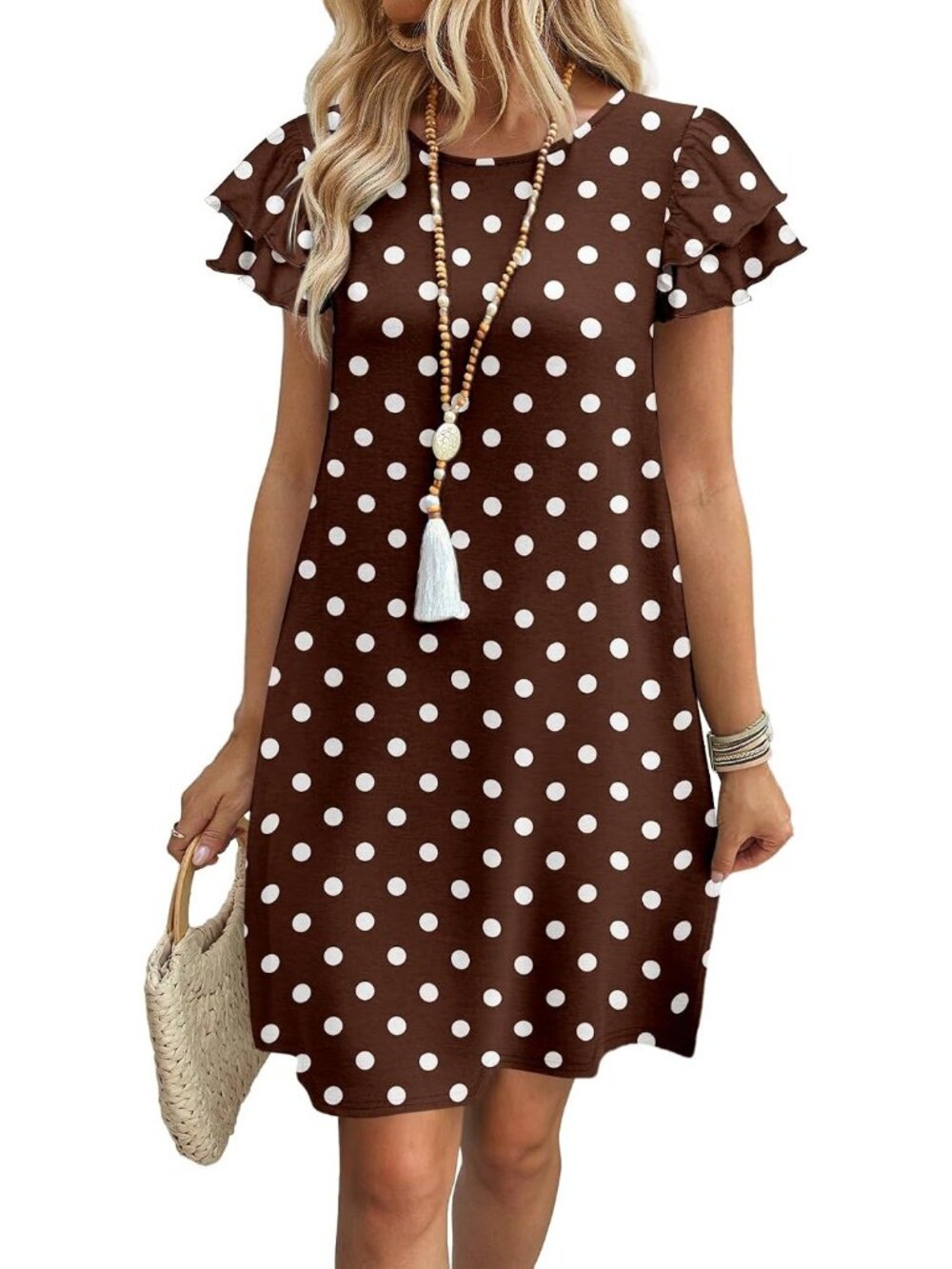 Women's Brown White Dot Polyester Blend Cap Sleeve Crew Neck Pull On Mini Dress